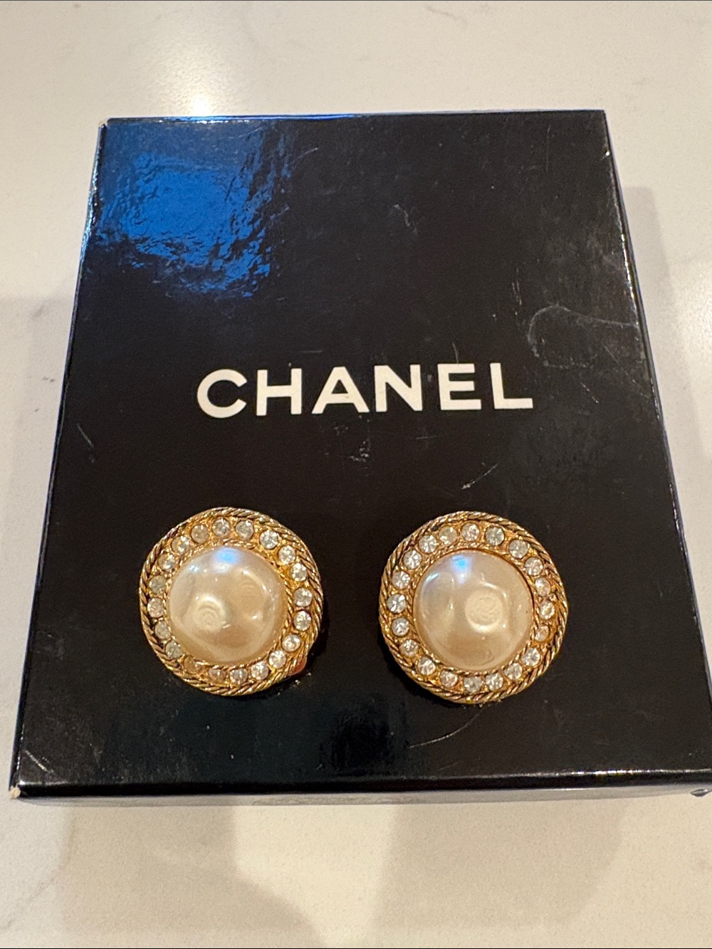 Vintage CHANEL Gold-Tone Pearl and Crystal Button Earrings